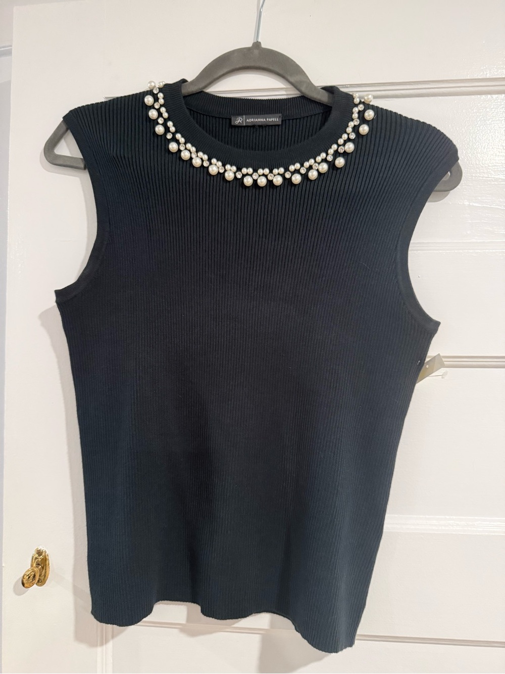 Adrianna Papell Sleeveless Ribbed Pearl-Embellished Knit Top